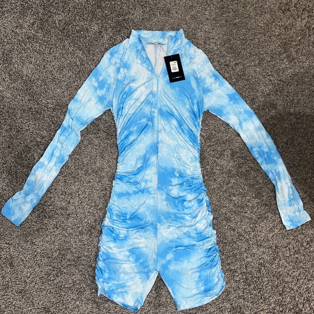 Blue and White Long Sleeve Romper